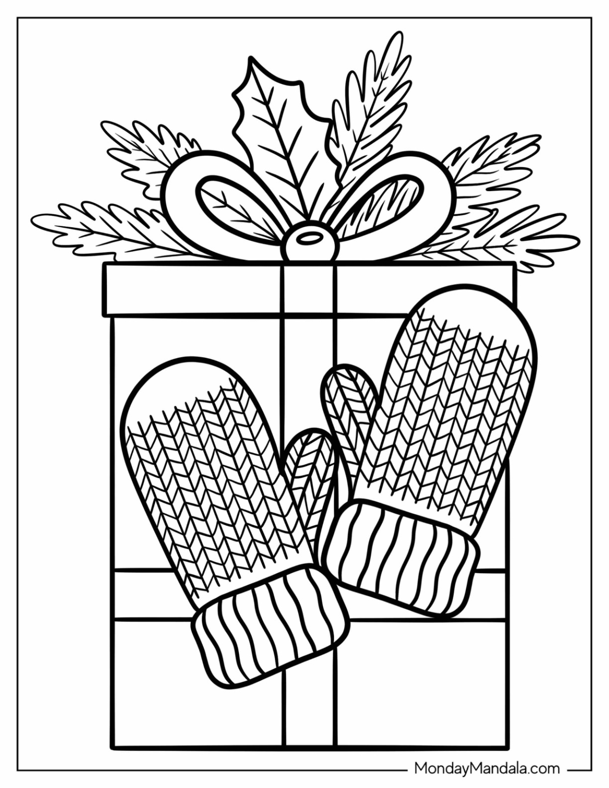 Chevron Mittens Coloring Page on Large Present with Bow for Kids coloring page