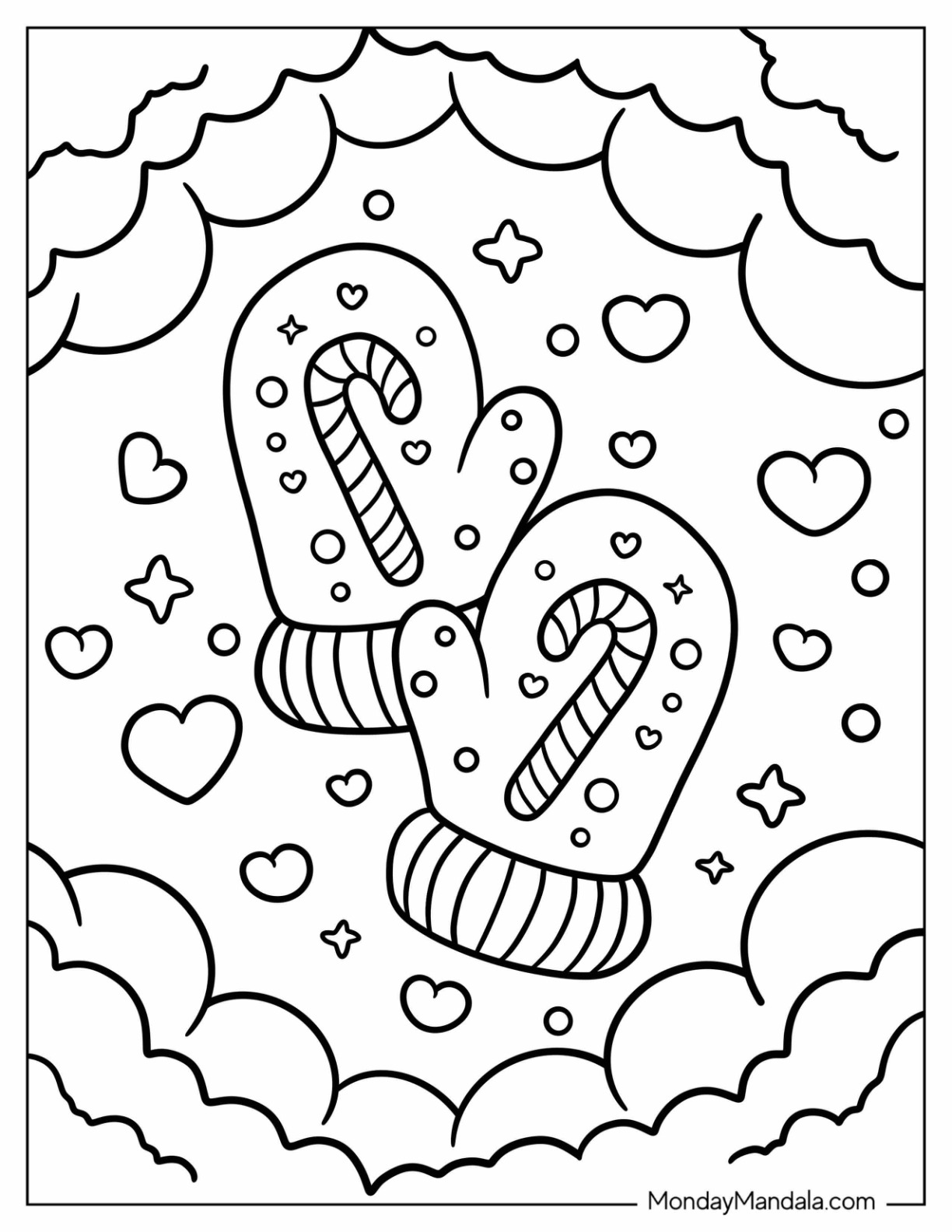 Cute Mittens Coloring Page with Candy Cane Design in the Sky for Preschoolers coloring page