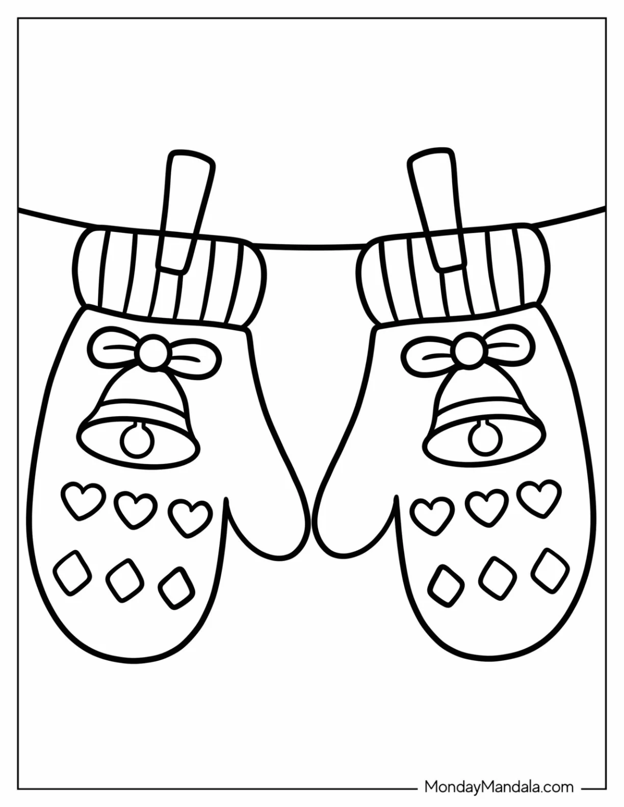 Easy Mittens Coloring Page with Bell and Heart Designs Hanging for Preschoolers coloring page