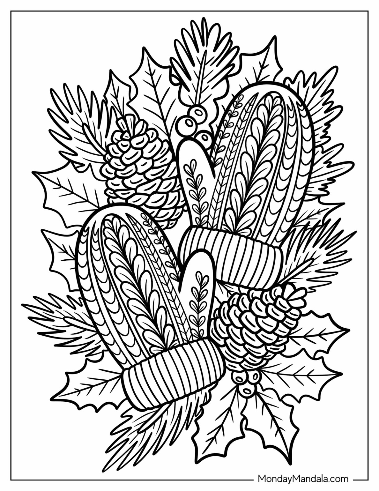 Elegant Mittens Coloring Page with Leaf Patterns with Pine Cones coloring page