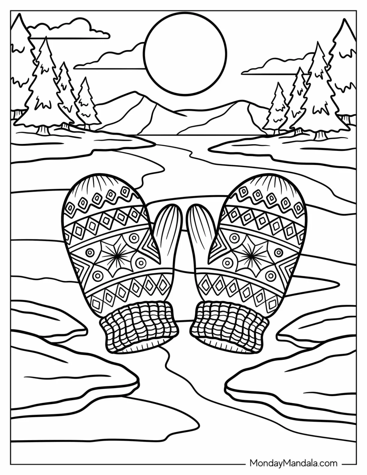 Festive Mittens Coloring Page on Winter Backdrop coloring page
