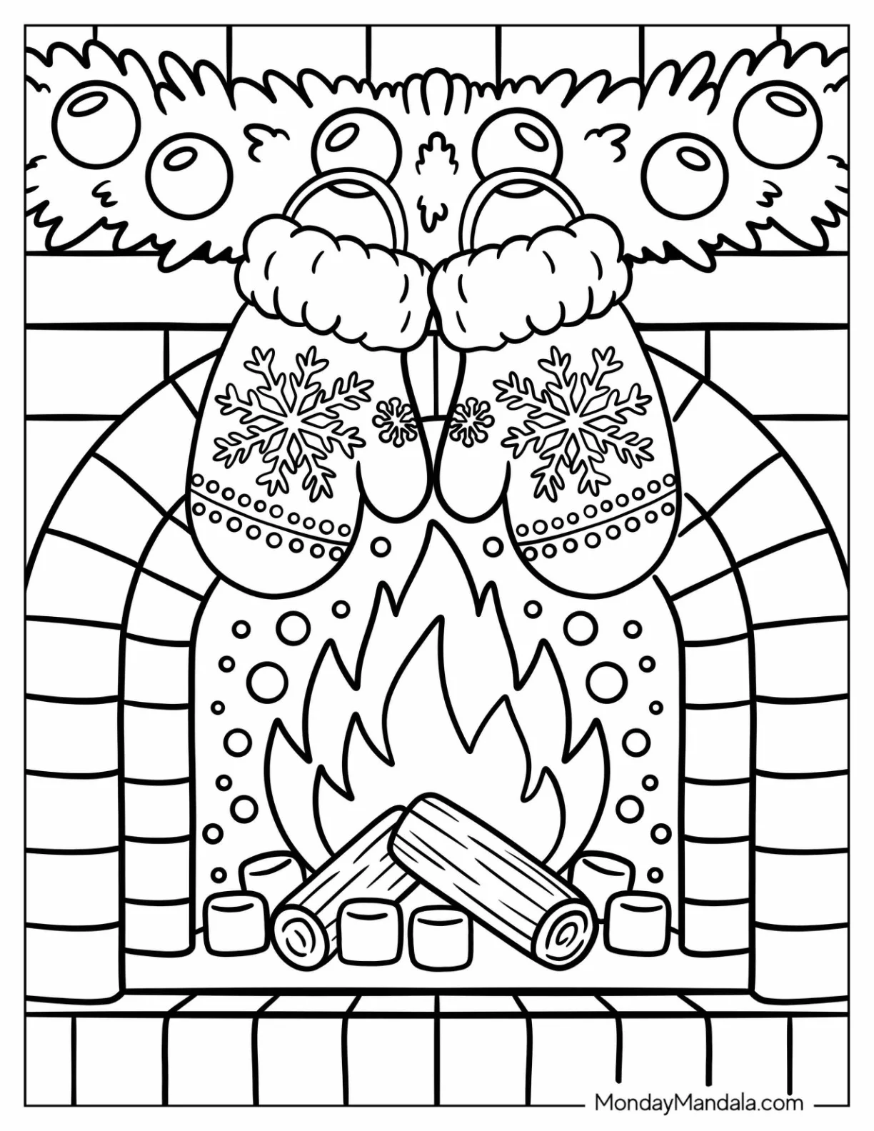Fireplace with Hanging Mittens Coloring Page and Garland coloring page