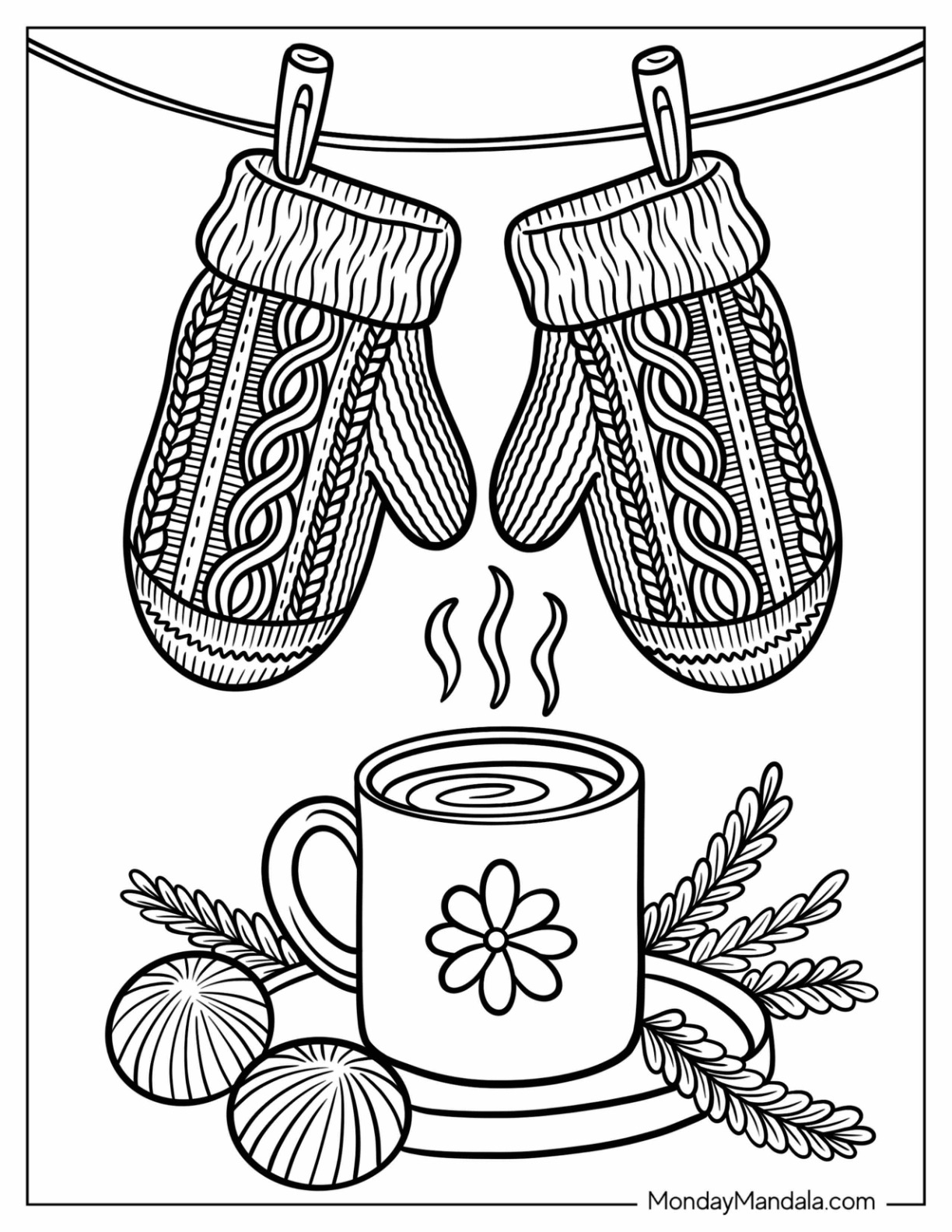 Intricate Mittens Coloring Page Hanging Over Hot Chocolate coloring page