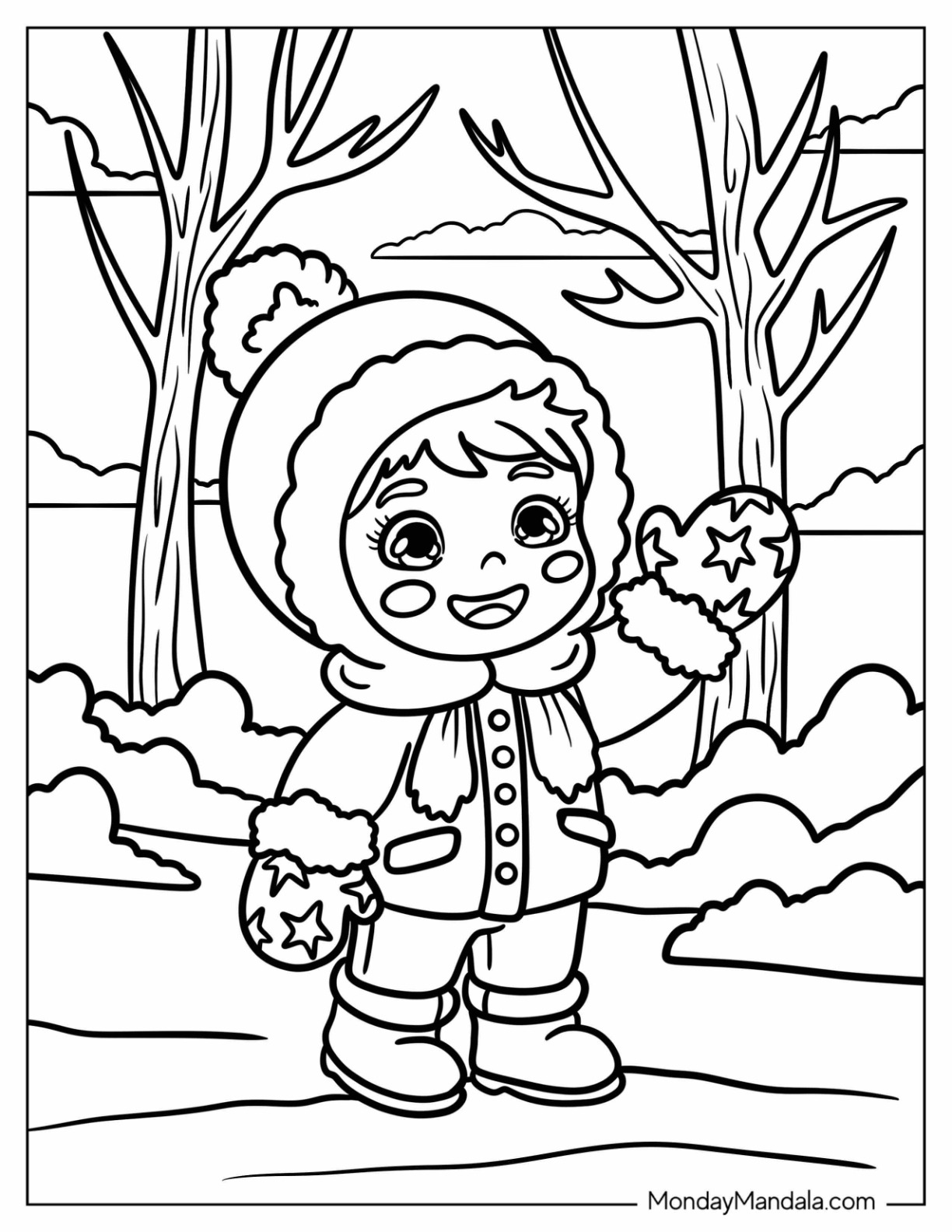 Kawaii Girl with Starry Mittens Coloring Page Waving for Kids coloring page