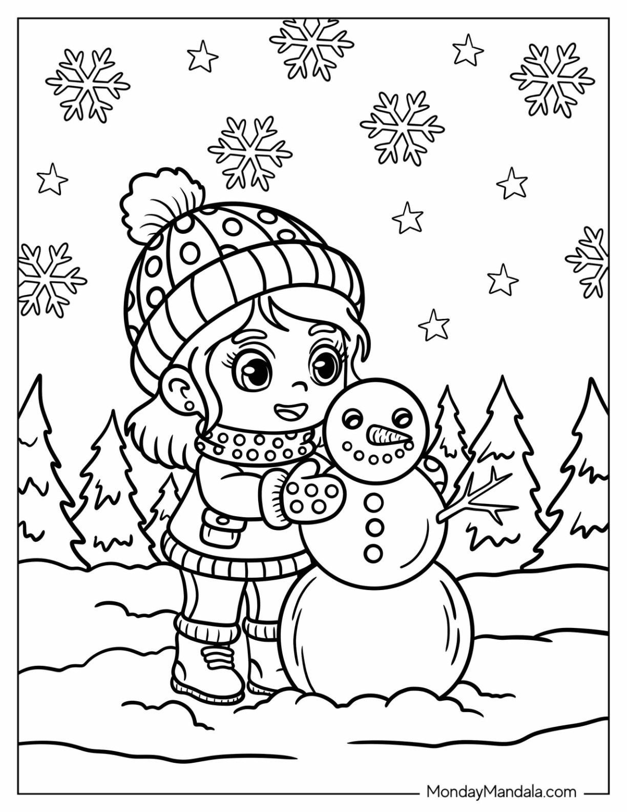 Little Girl with Mittens Coloring Page Making a Snowman for Kids coloring page