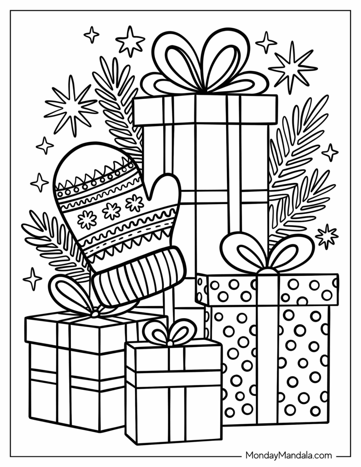 Mittens Coloring Page Hanging on Christmas Presents coloring page