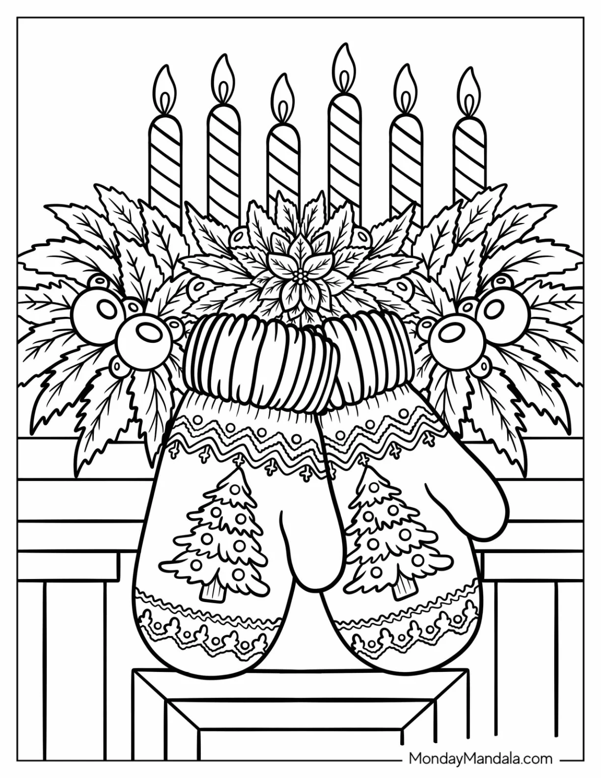 Mittens Coloring Page with Christmas Tree Design Hanging from a Fireplace with Hollies coloring page