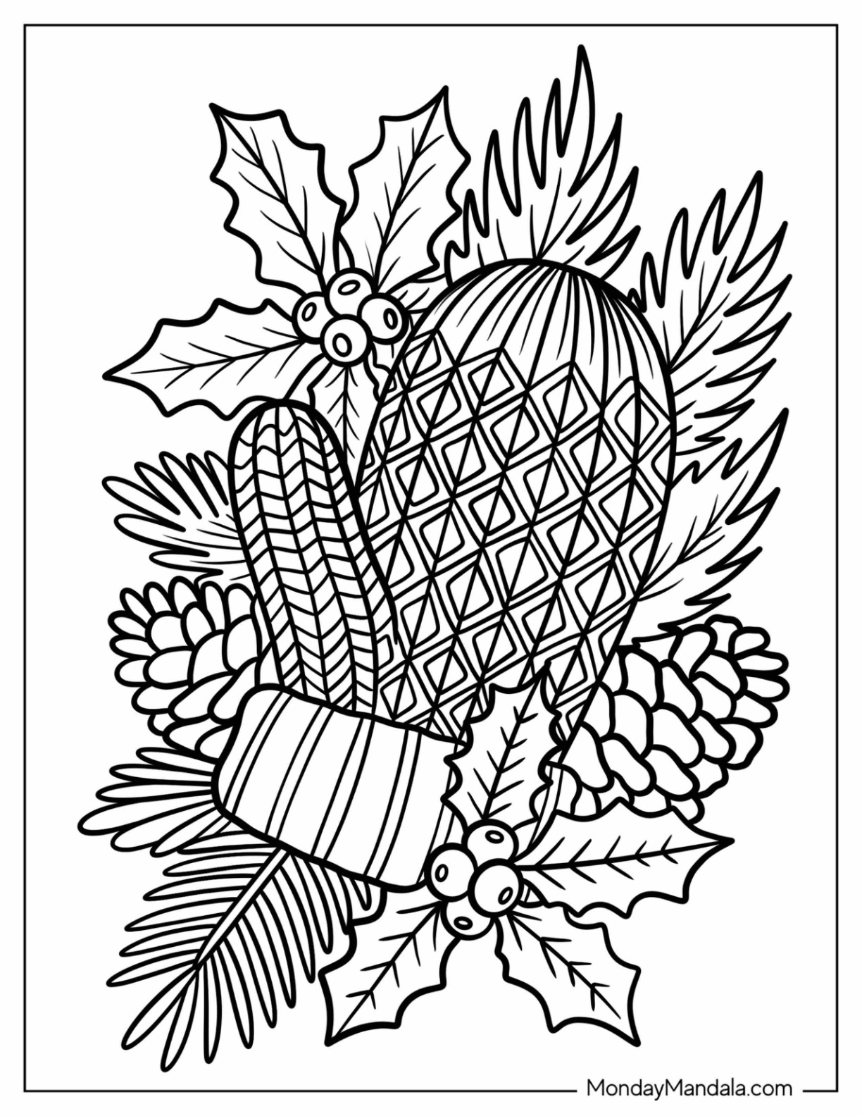 Mittens Coloring Page with Geometric Pattern on Hollies and Pine Cones coloring page
