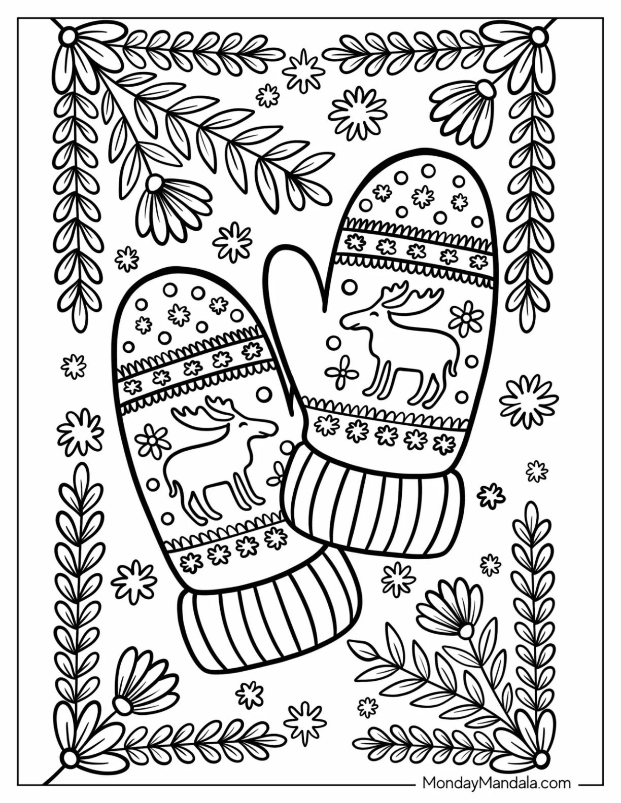 Mittens Coloring Page with Reindeer and Snowflake Design coloring page