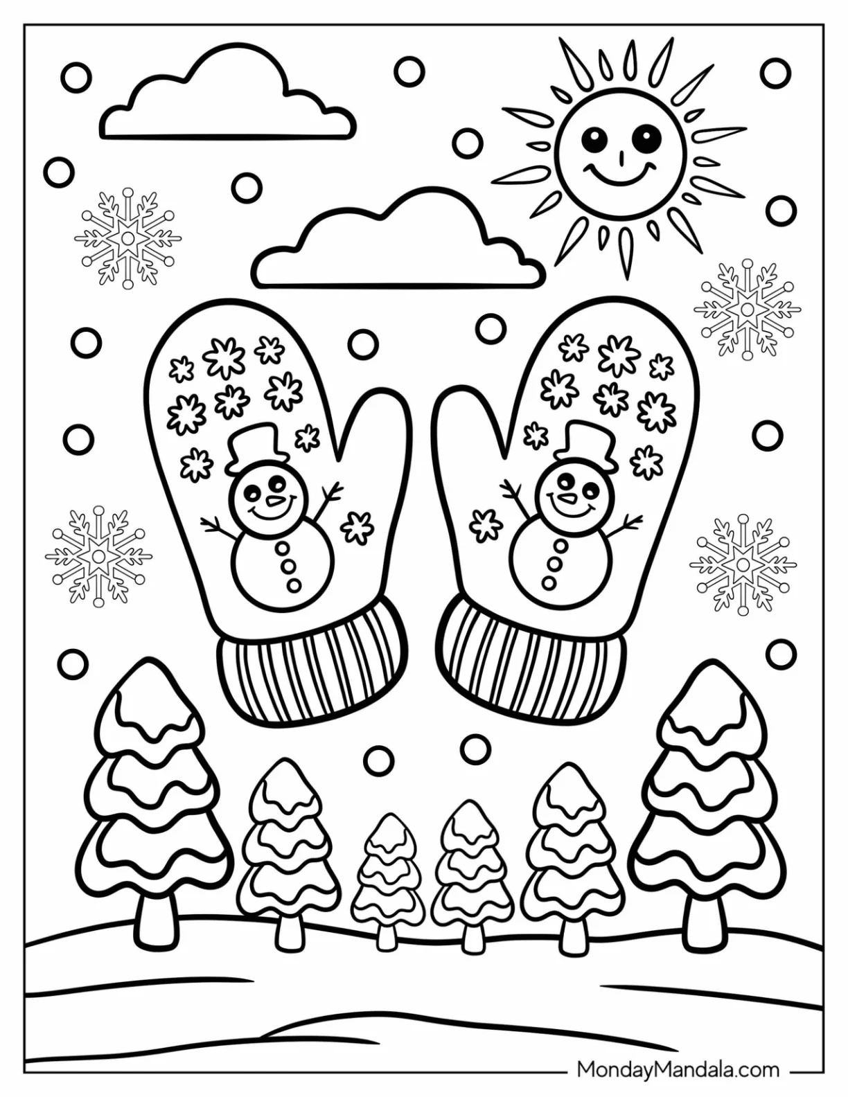 Mittens Coloring Page with Snowman Design Floating in Winter Landscape coloring page