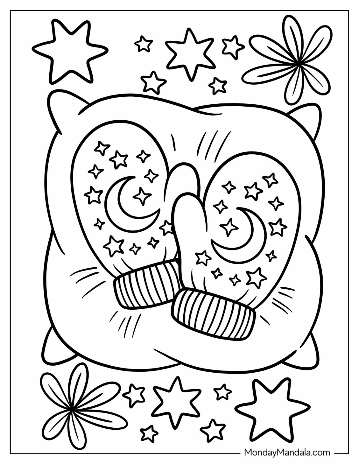 Mittens Coloring Page with Starry Patterns on a Pillow coloring page