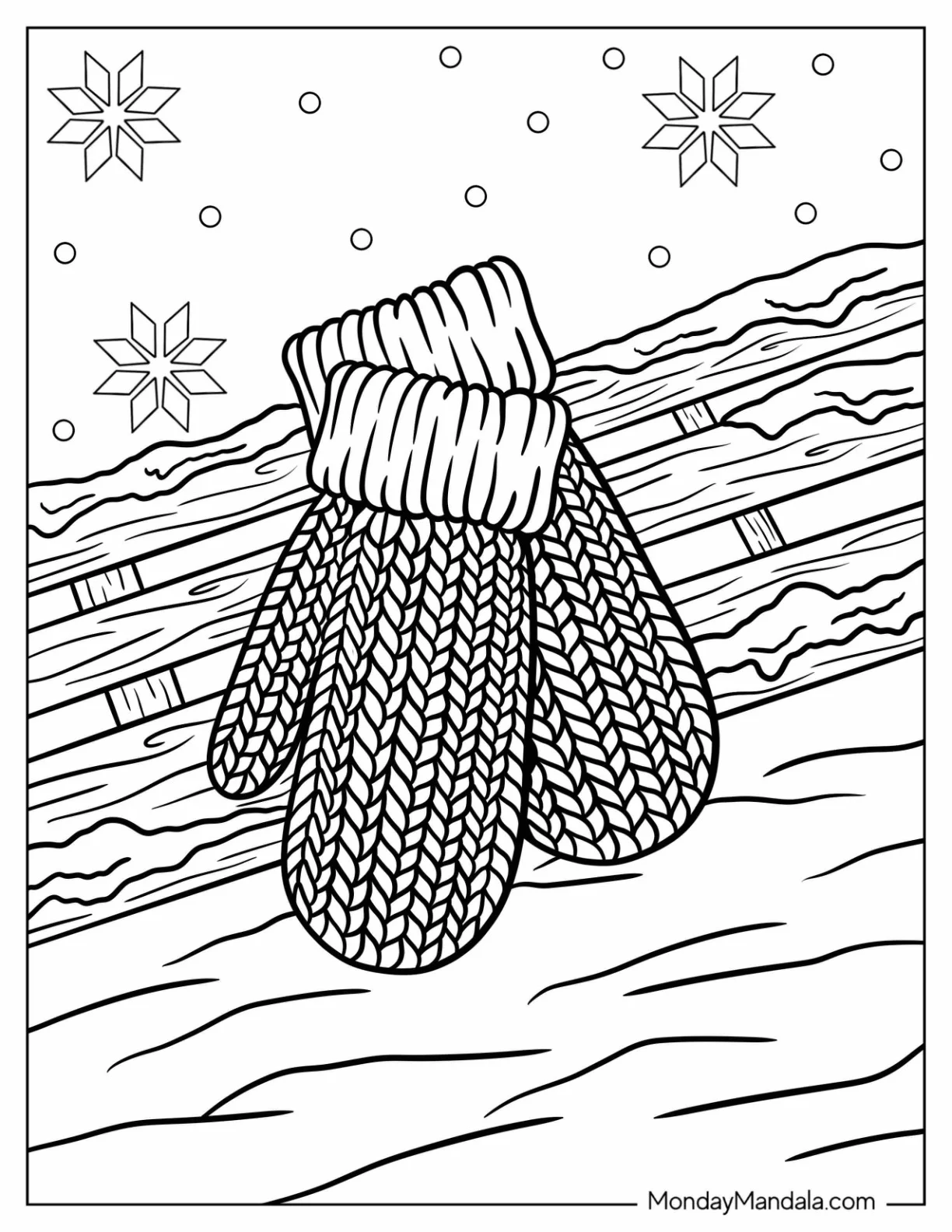 Realistic Knitted Mittens Coloring Page on Wood coloring page