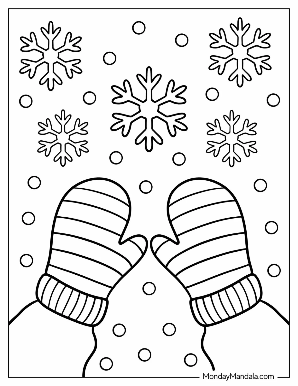 Striped Mittens Coloring Page with Snowy Background for Kids coloring page