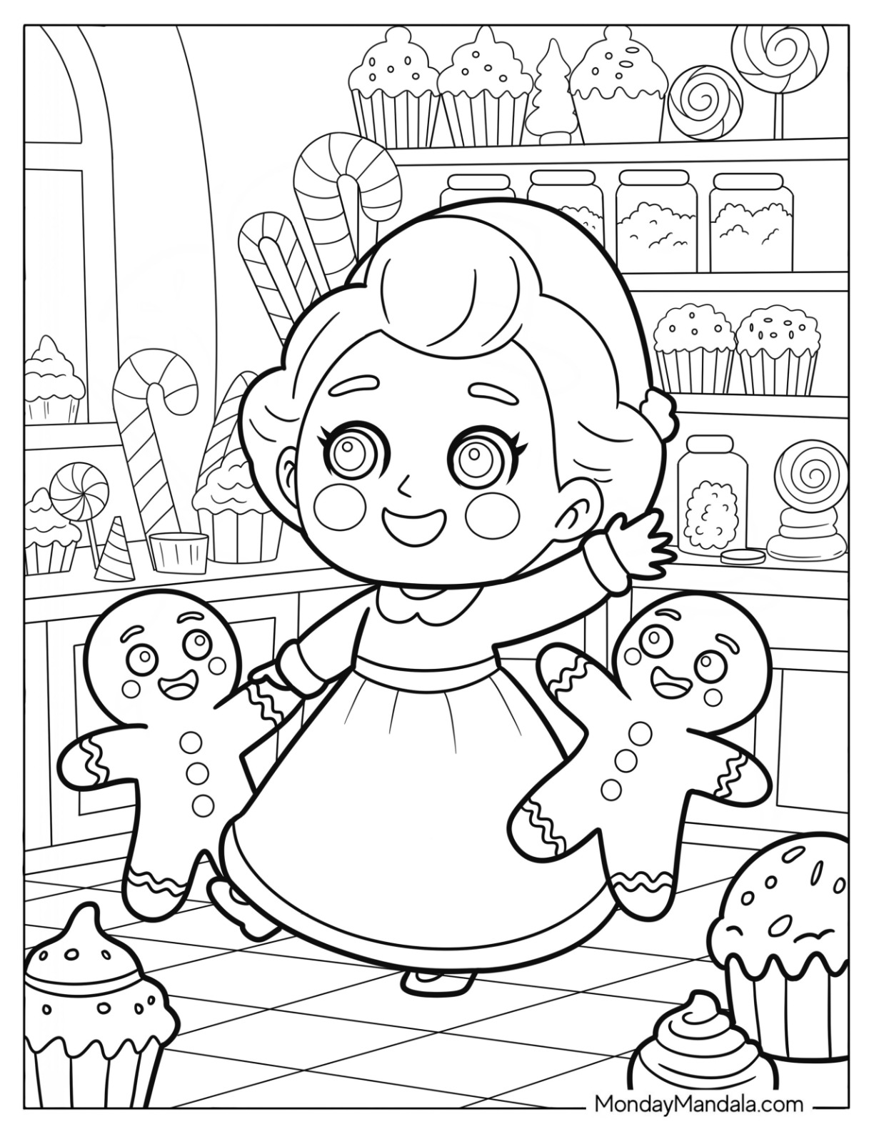 Adorable Mrs. Claus Coloring Page Dancing with Gingerbread Men for Kids coloring page