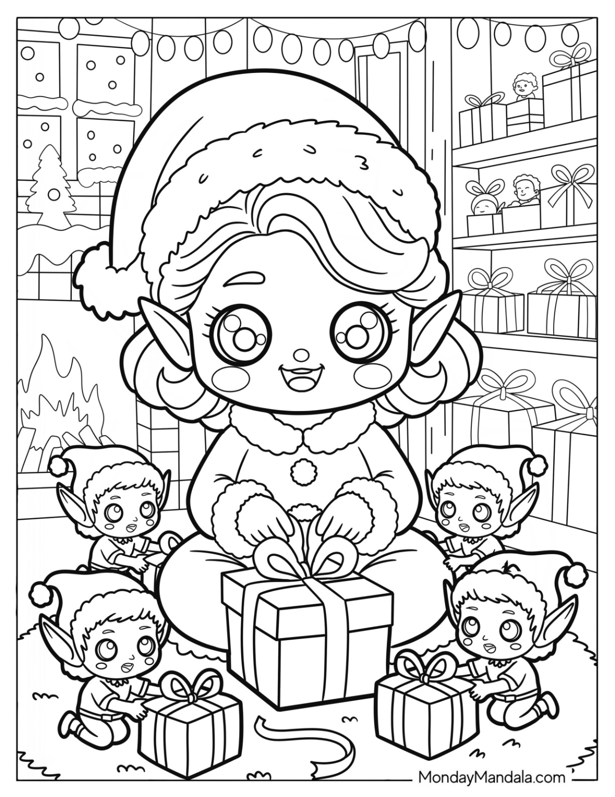 Cheerful Mrs. Claus Coloring Page Wrapping Presents with Baby Elves for Kids coloring page