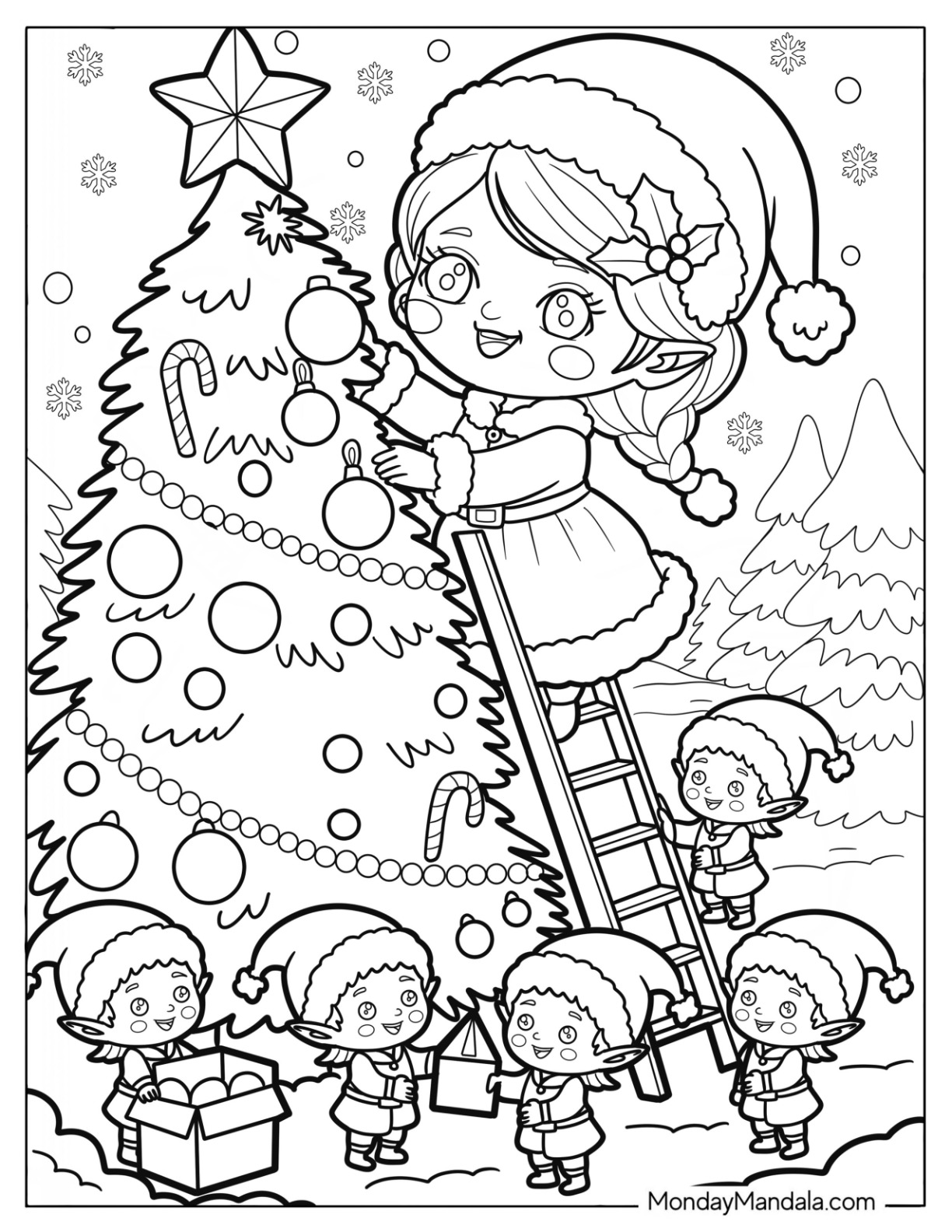 Chibi Mrs. Claus Coloring Page Decorating a Christmas Tree with the Help of Elves coloring page — printable line art