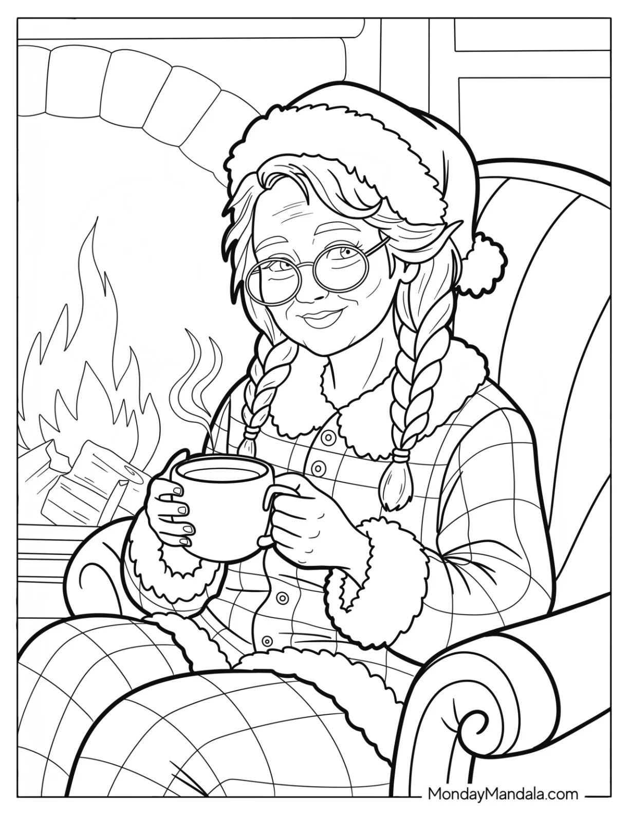 Cozy Mrs. Claus Coloring Page Drinking Coffee Next to the Fireplace coloring page