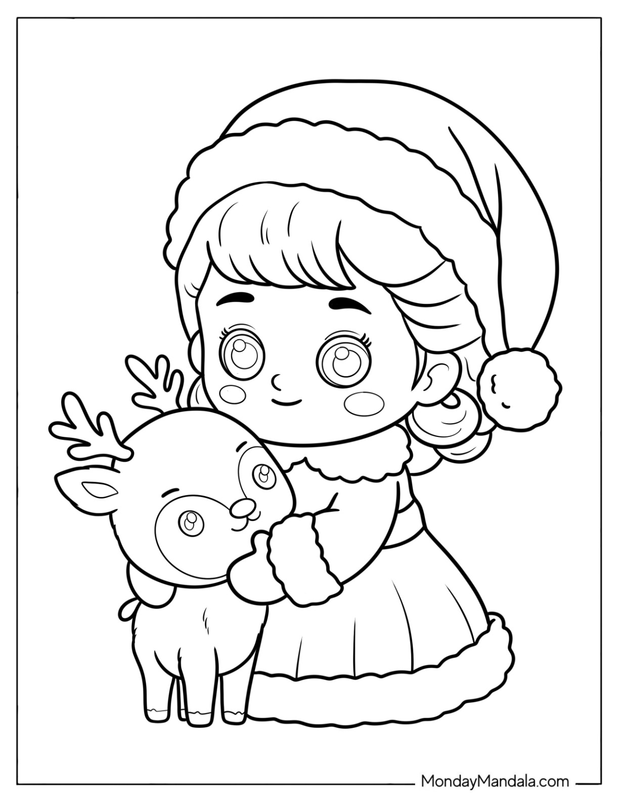 Cute Mrs. Claus Coloring Page Hugging a Baby Reindeer for Preschoolers coloring page