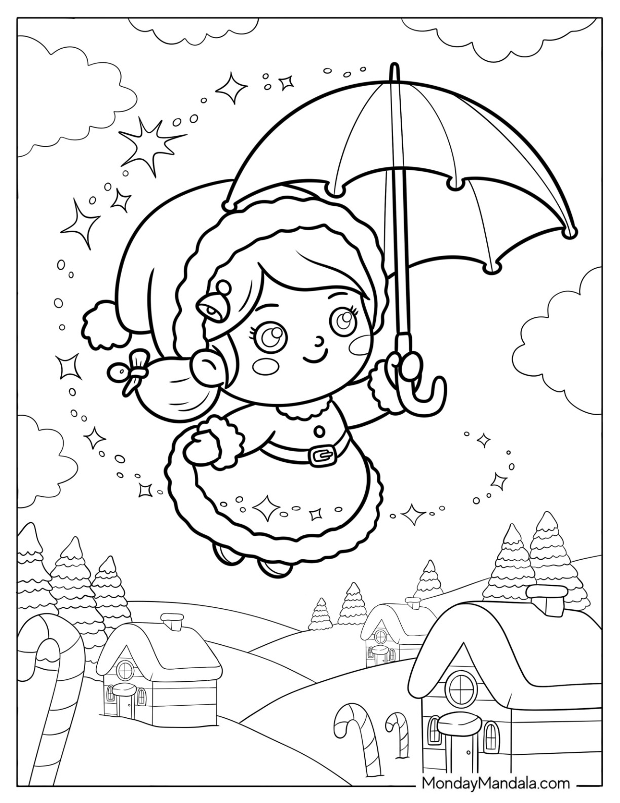 Kawaii Mrs. Claus Coloring Page Flying over a Winter Town with an Umbrella coloring page