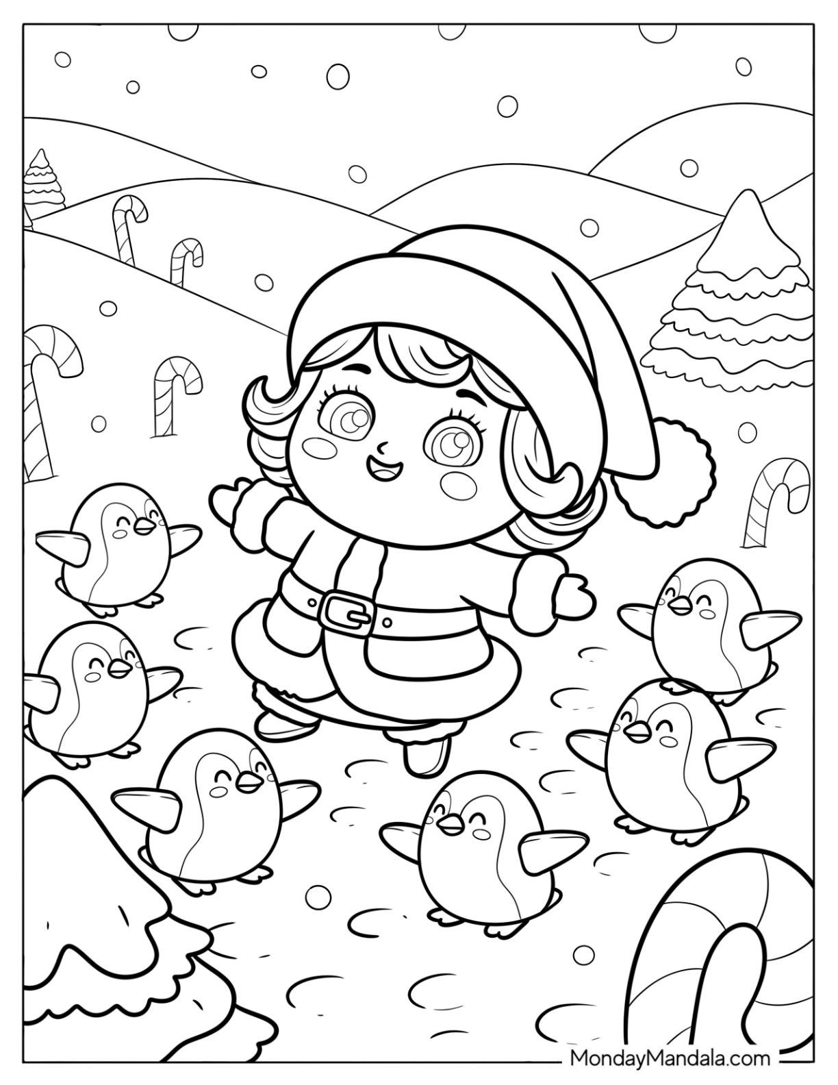 Mrs. Claus Coloring Page Dancing in the Snow with Penguins coloring page — printable line art