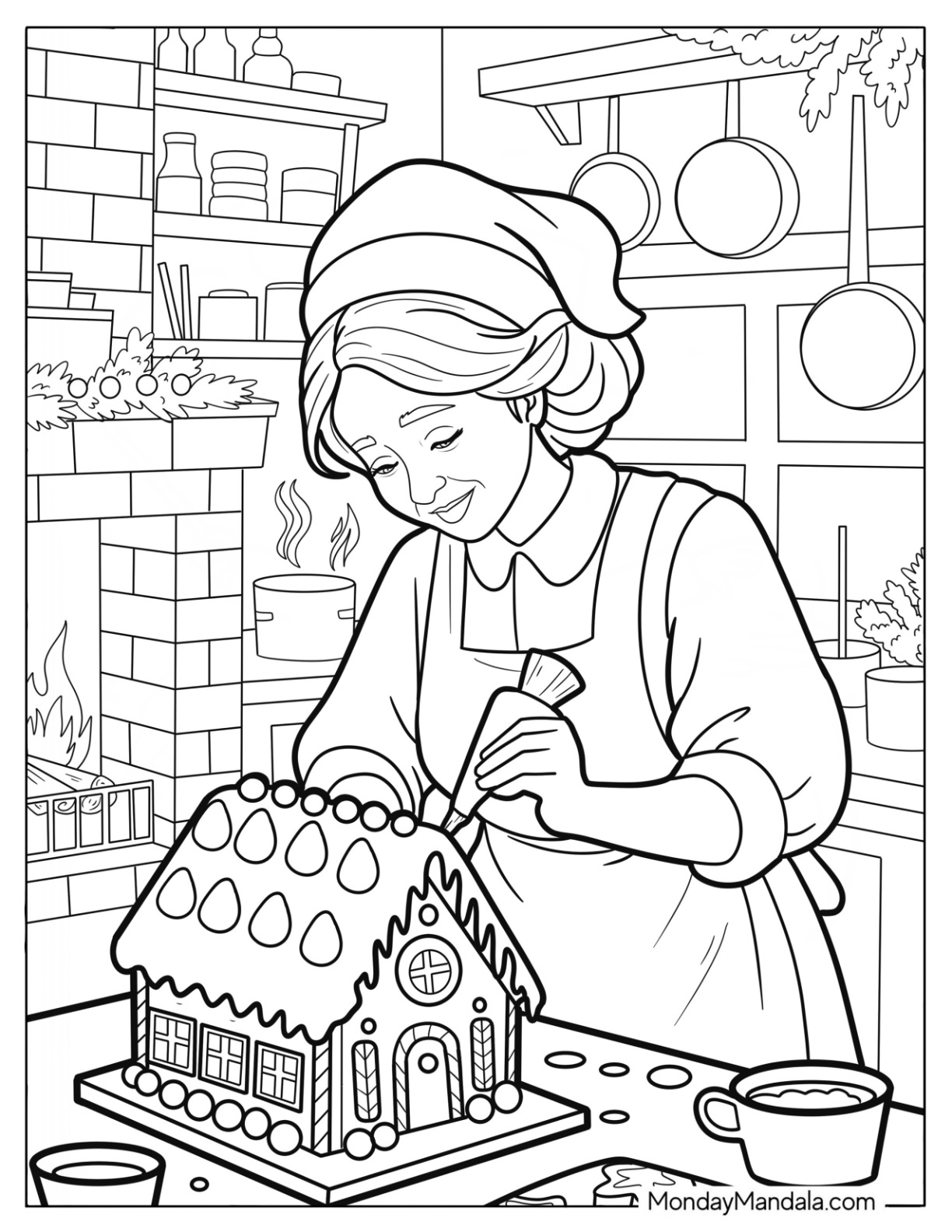 Mrs. Claus Coloring Page Decorating a Gingerbread House coloring page — printable line art