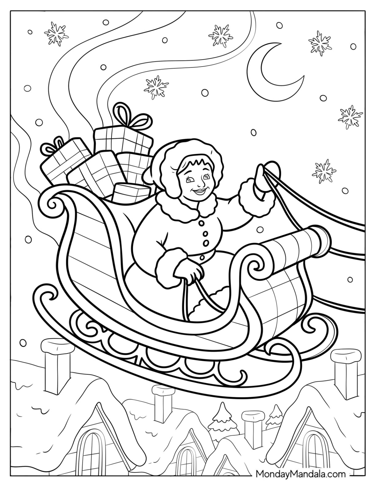 Mrs. Claus Coloring Page Delivering Christmas Presents on a Sleigh coloring page — printable line art