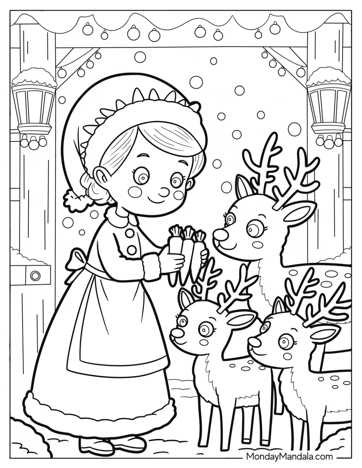 Mrs. Claus Coloring Page Feeding Carrots to the Reindeers for Kids coloring page
