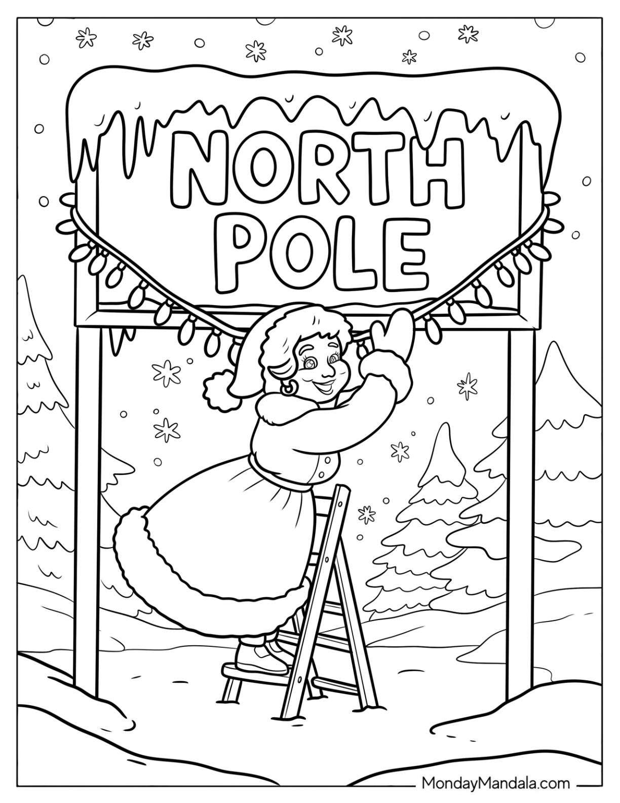 Mrs. Claus Coloring Page Hanging String Lights on North Pole Sign coloring page