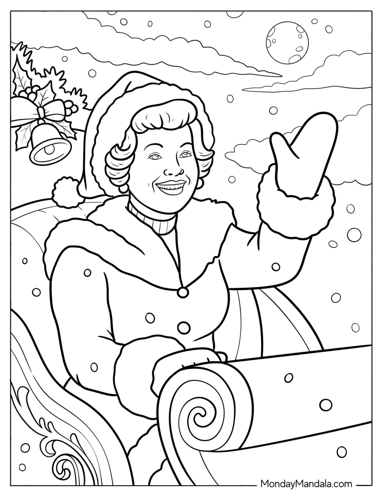 Mrs. Claus Coloring Page in a Sleigh Waving coloring page