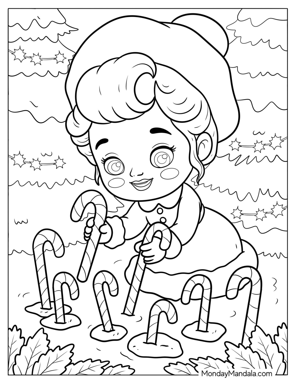 Mrs. Claus Coloring Page Putting Candy Canes in the Snow coloring page