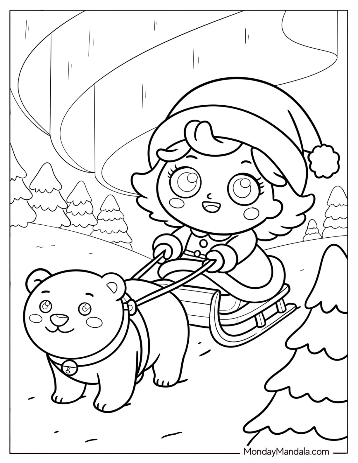 Mrs. Claus Coloring Page Riding a Sleigh with a Polar Bear for Preschoolers coloring page