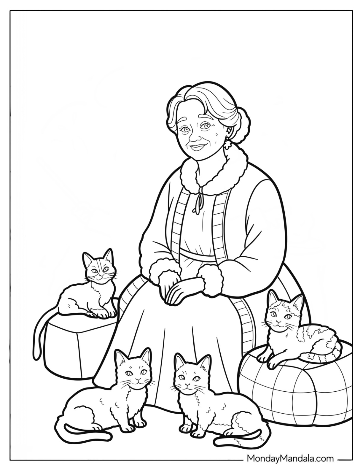 Peaceful Mrs. Claus Coloring Page Relaxing with Her Cats coloring page