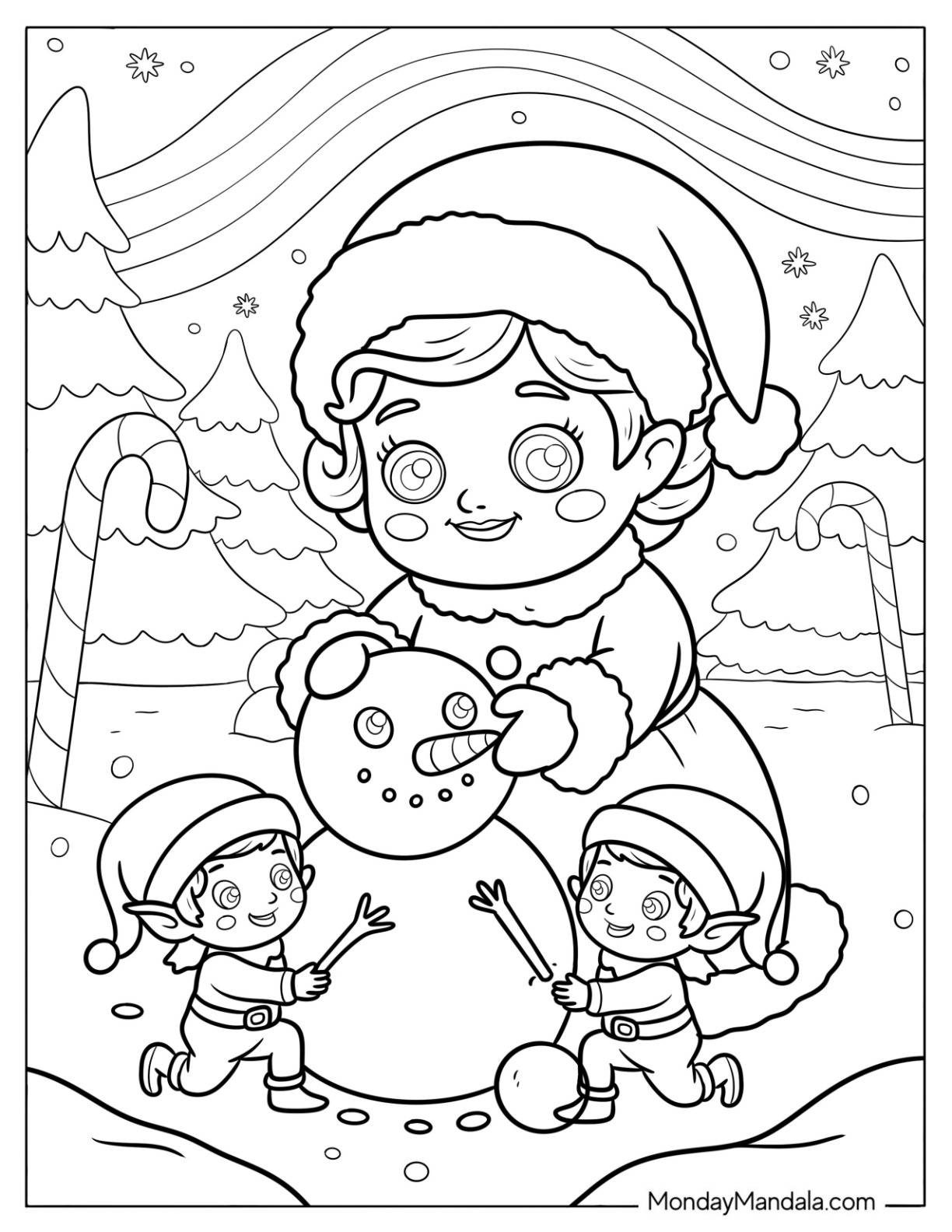 Pretty Mrs. Claus Coloring Page Building a Snowman with Santa s Elves for Kids coloring page