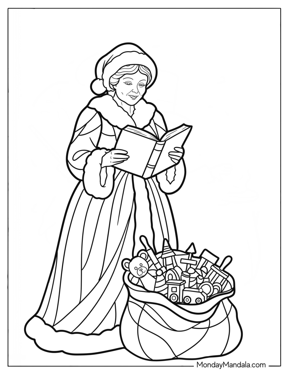 Realistic Mrs. Claus Coloring Page Reading a Book Next to a Sack of Presents coloring page