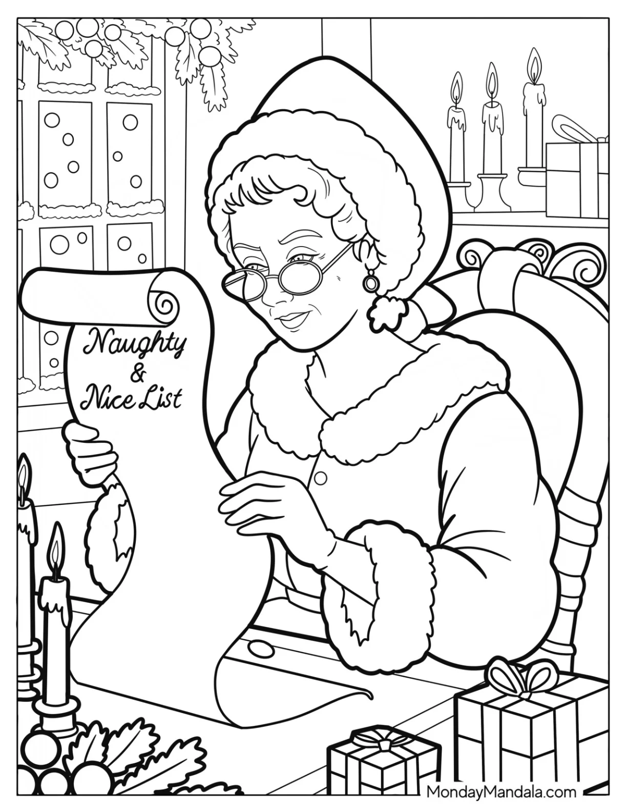 Serious Mrs. Claus Coloring Page Reading the Naughty and Nice List coloring page