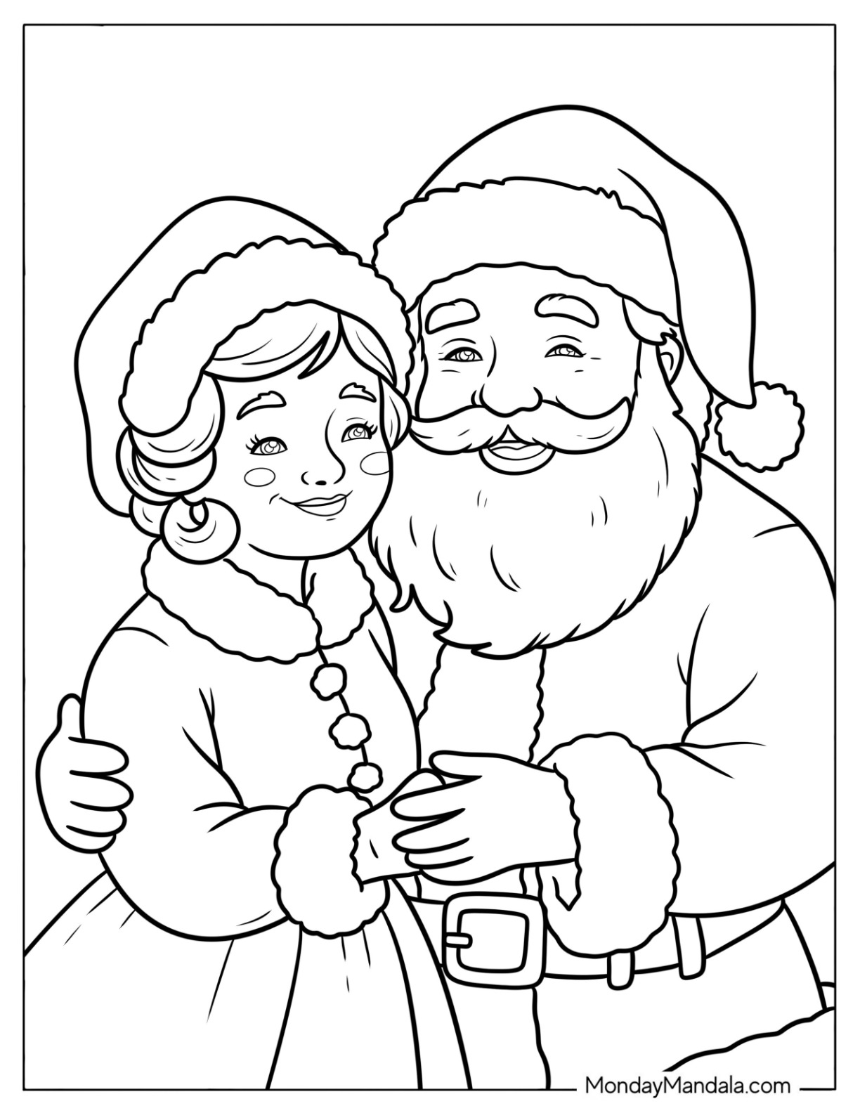 Sweet Santa Claus Hugging Mrs. Claus Coloring Page coloring page