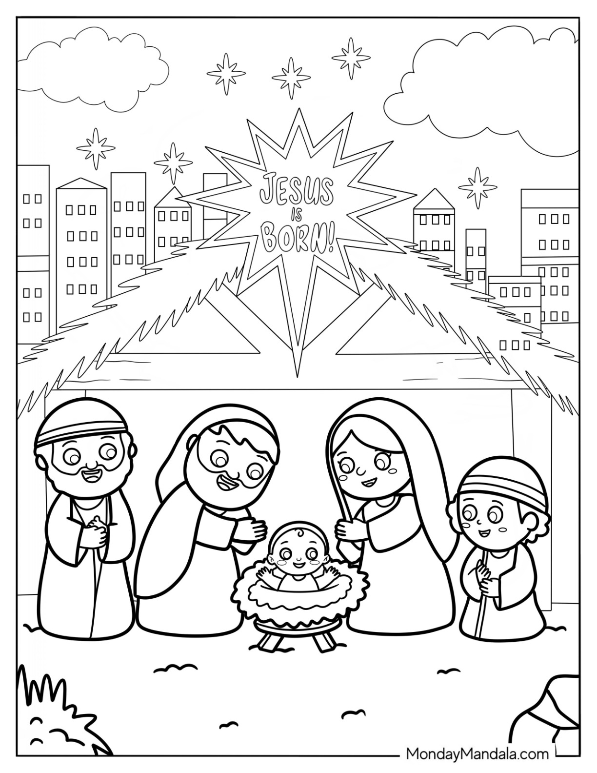 Adorable Nativity Coloring Page With A Shepherd And A Wise Man coloring page