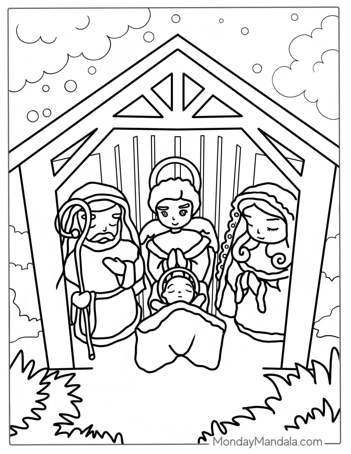 Easy Nativity Coloring Page Scene For Kids coloring page