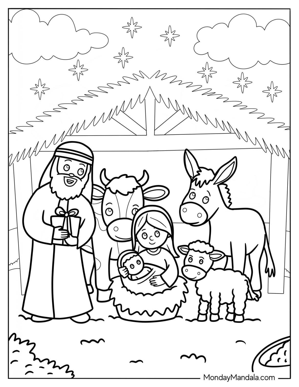 Kawaii Nativity Coloring Page With Animals Surrounding Joseph, Mary, And Jesus For Kids coloring page