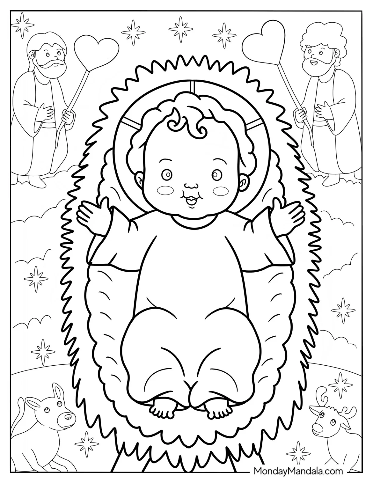 Nativity Coloring Page Of Cute Baby Jesus In The Manger For Kids coloring page — printable line art