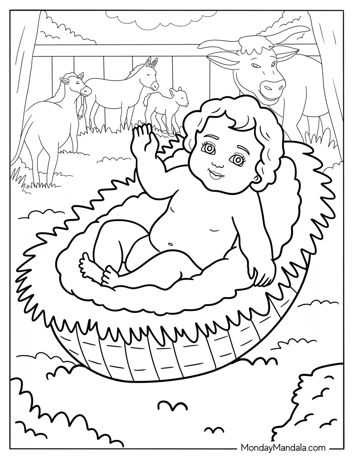 Nativity Coloring Page Of Cute Baby Jesus In The Manger coloring page — printable line art