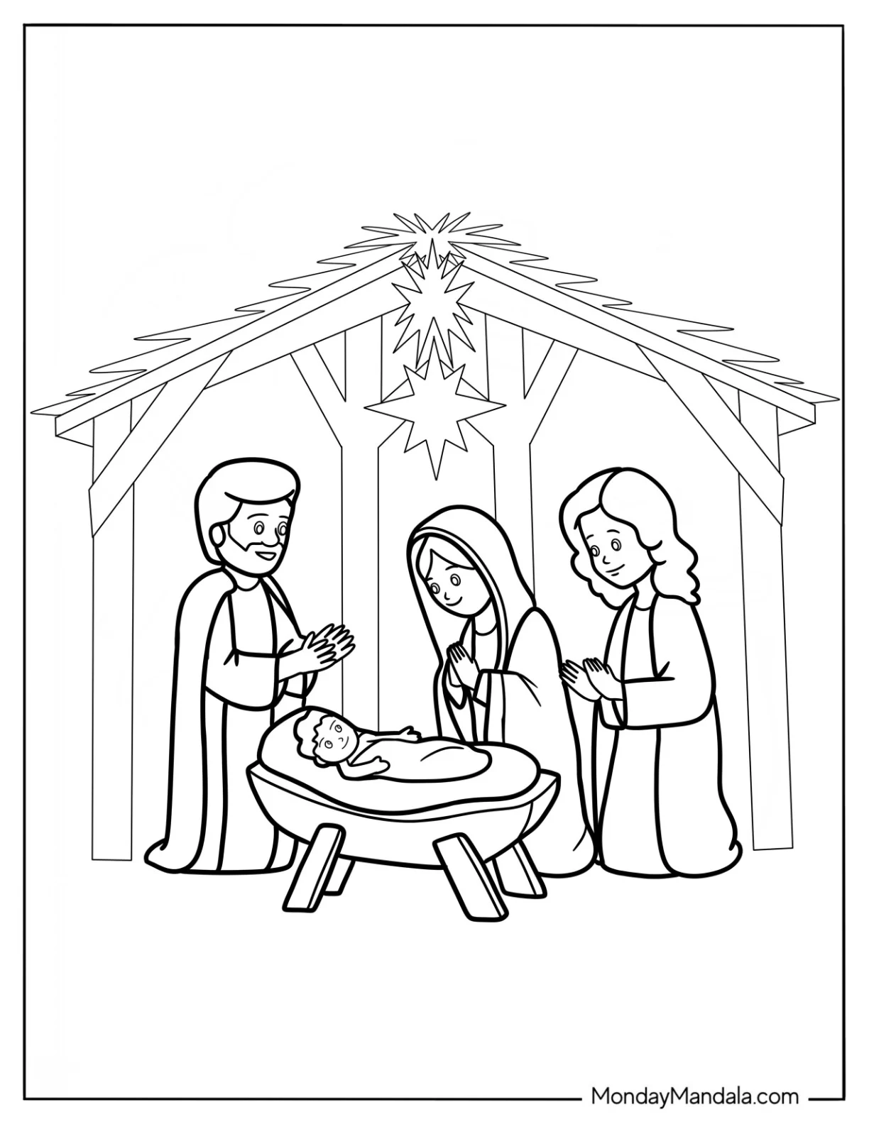 Nativity Coloring Page Of Cute Chibi Nativity With Star And Manger For Preschoolers coloring page