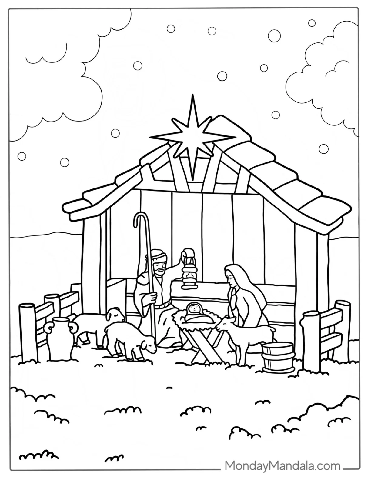Nativity Coloring Page of Jesus In a Stable And Sheep coloring page
