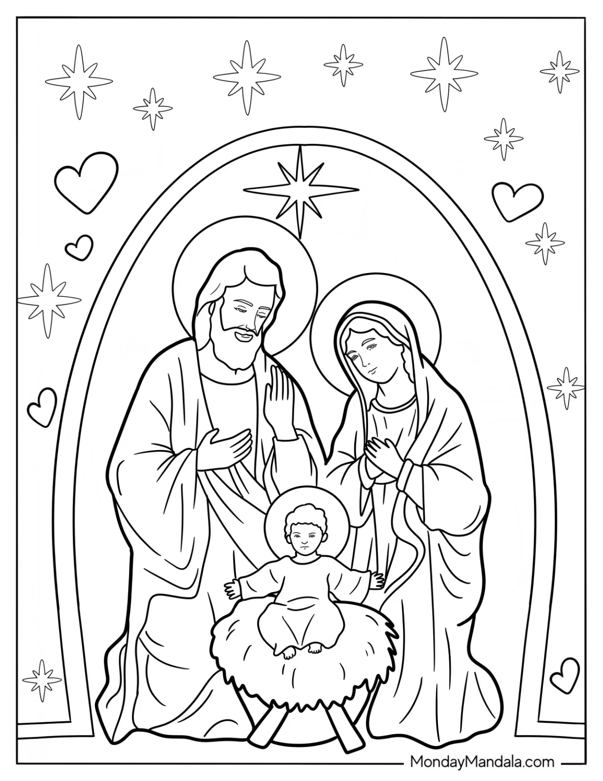 Nativity Coloring Page Of Joseph, Mary, And Jesus With Haloes coloring page