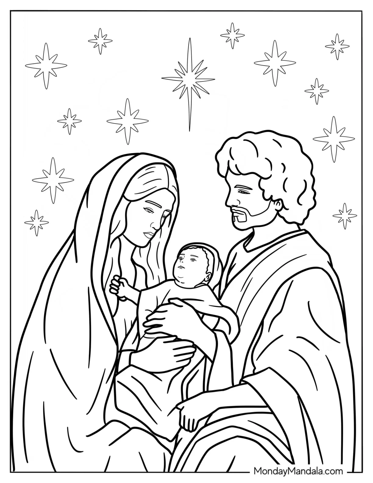 Nativity Coloring Page Of Mary And Joseph Cradling Newborn Jesus coloring page
