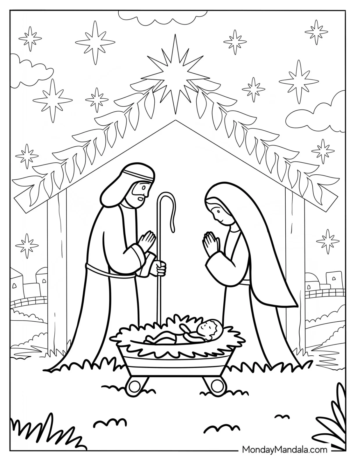 Nativity Coloring Page Of Mary And Joseph Praying Over Baby Jesus In The Manger coloring page — printable line art