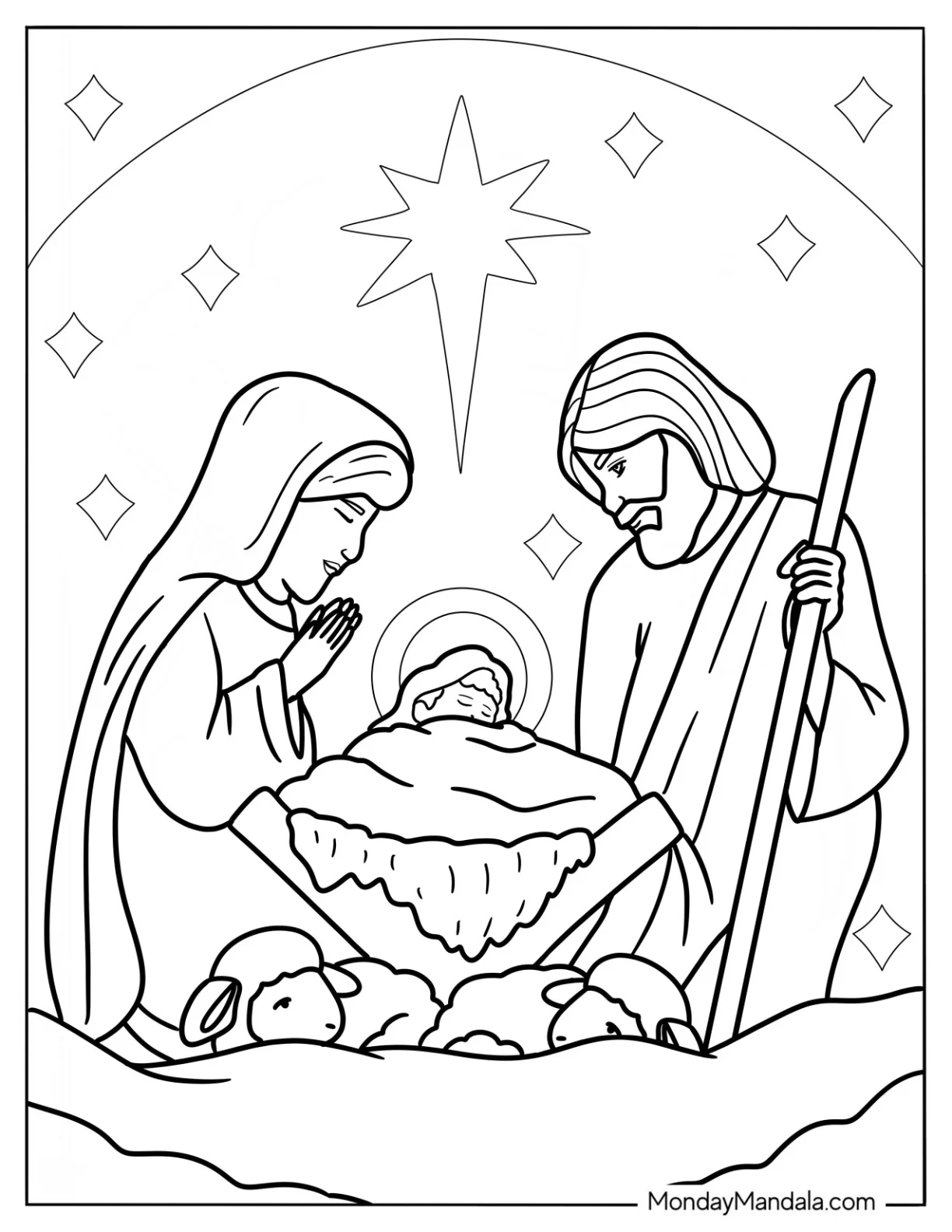 Nativity Coloring Page Of Mary And Joseph Watching Over Newborn Jesus Nativity coloring page