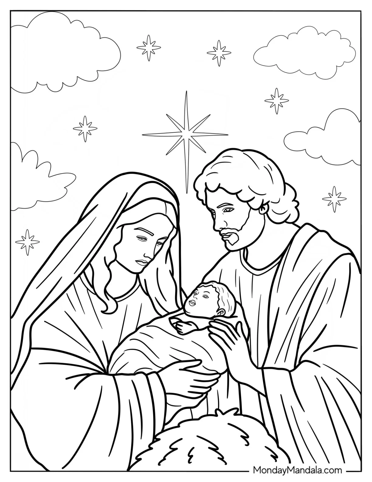 Nativity Coloring Page Of Realistic Mary, Joseph, And Baby Jesus With Starry Background coloring page
