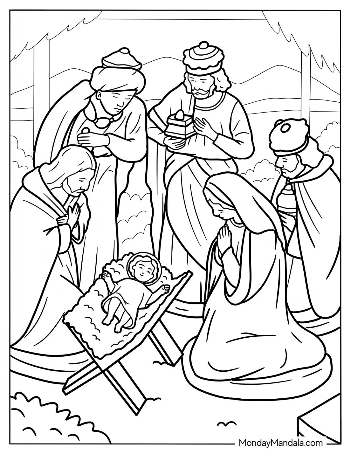 Nativity Coloring Page Of Realistic Wise Men With Joseph And Mary Watching Newborn Jesus coloring page