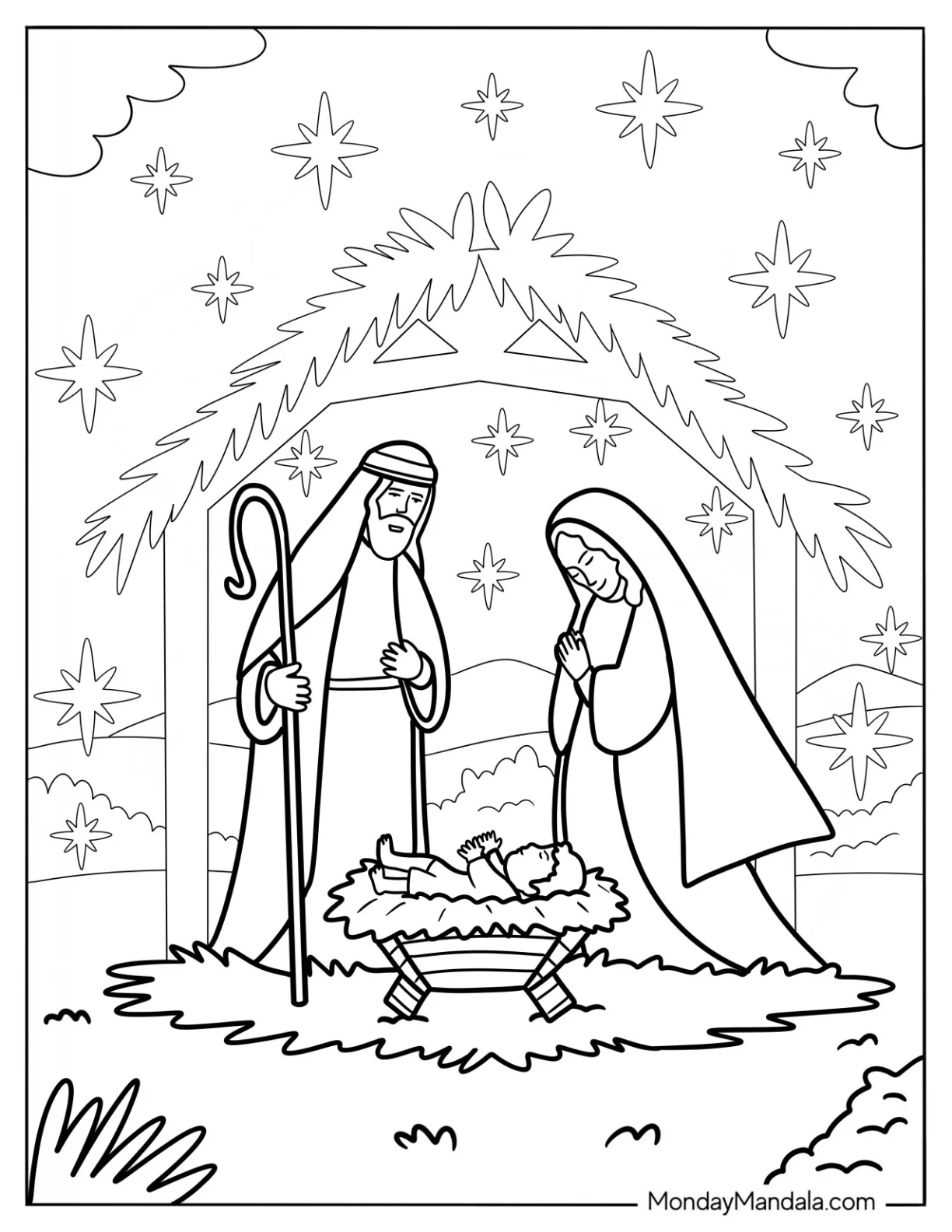 Nativity Coloring Page Of Smiling Joseph And Mary With Baby Jesus coloring page